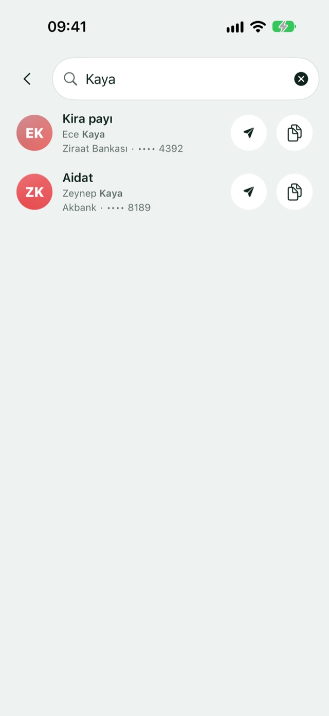Search results for Kaya showing Kira payı and Aidat records with share and copy buttons