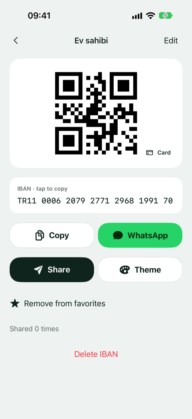 Ev sahibi record details with a QR code, IBAN, Copy button and WhatsApp sharing