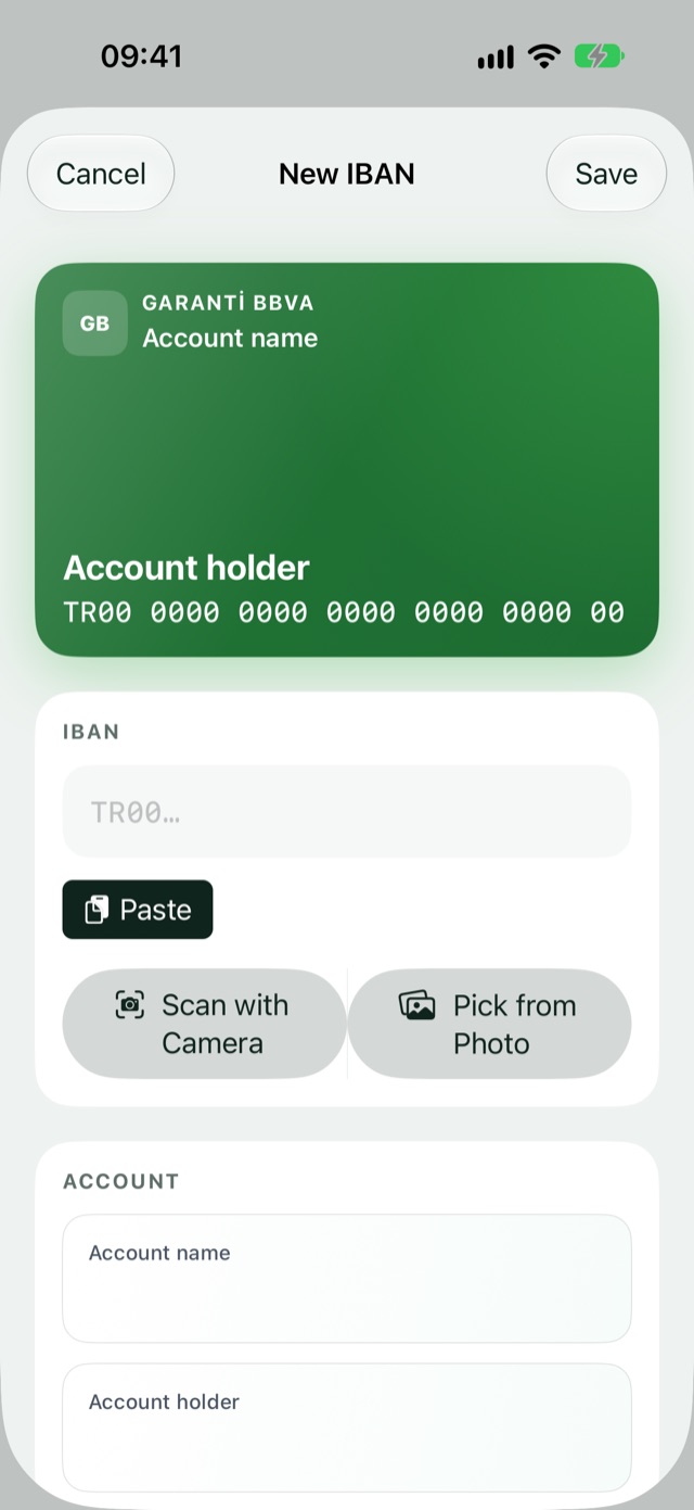 New IBAN form with an account card, Scan with Camera and Pick from Photo options