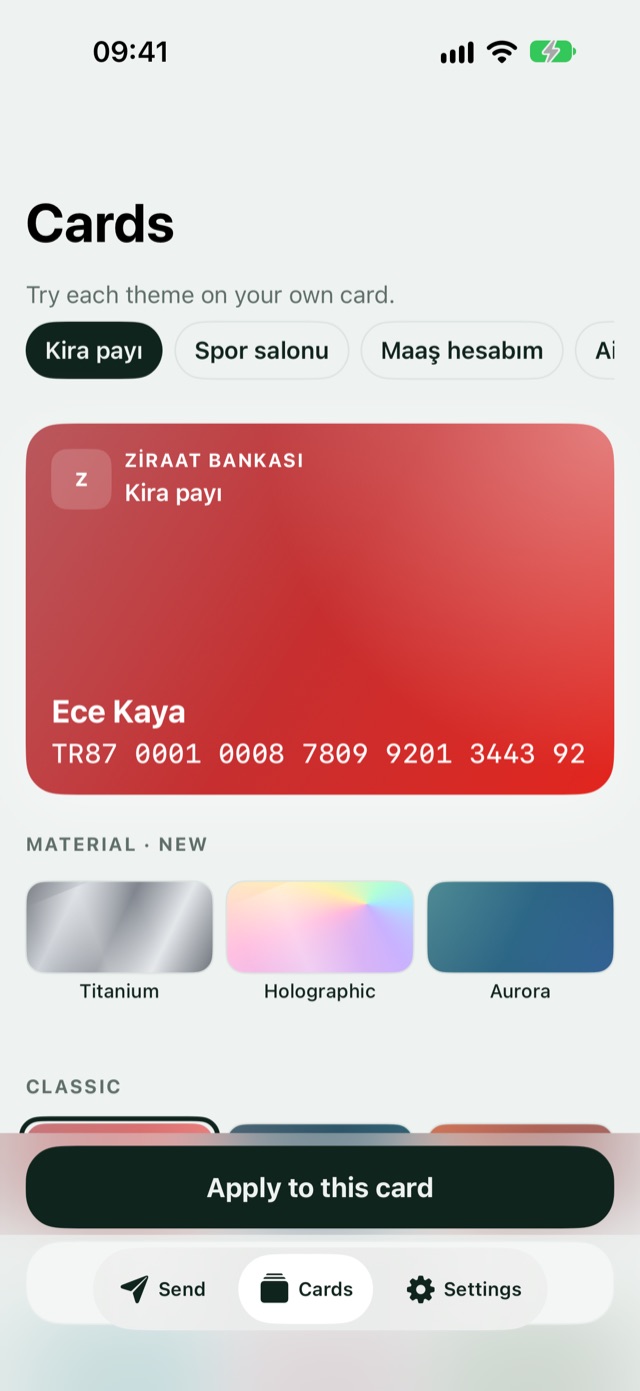 Cards screen showing the Kira payı card and Titanium, Holographic and Aurora style swatches